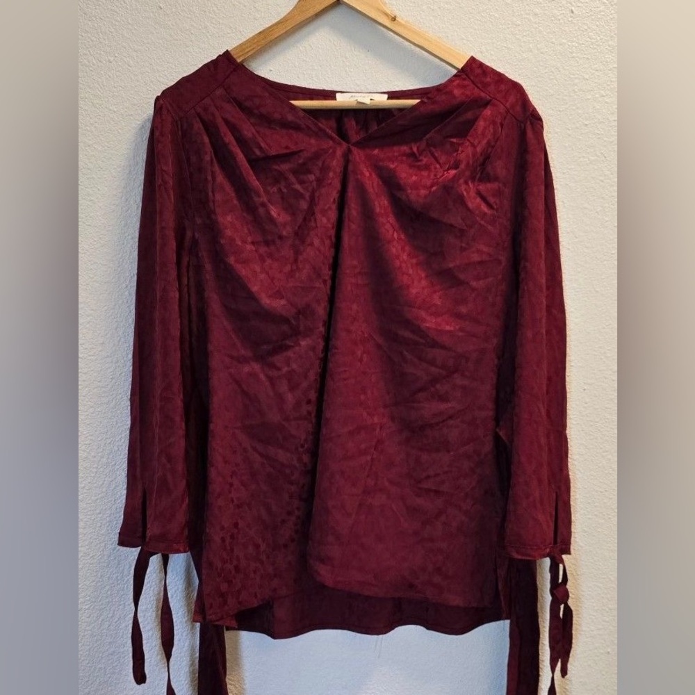 Womens Burgundy Long-Sleeve Satin Blouse